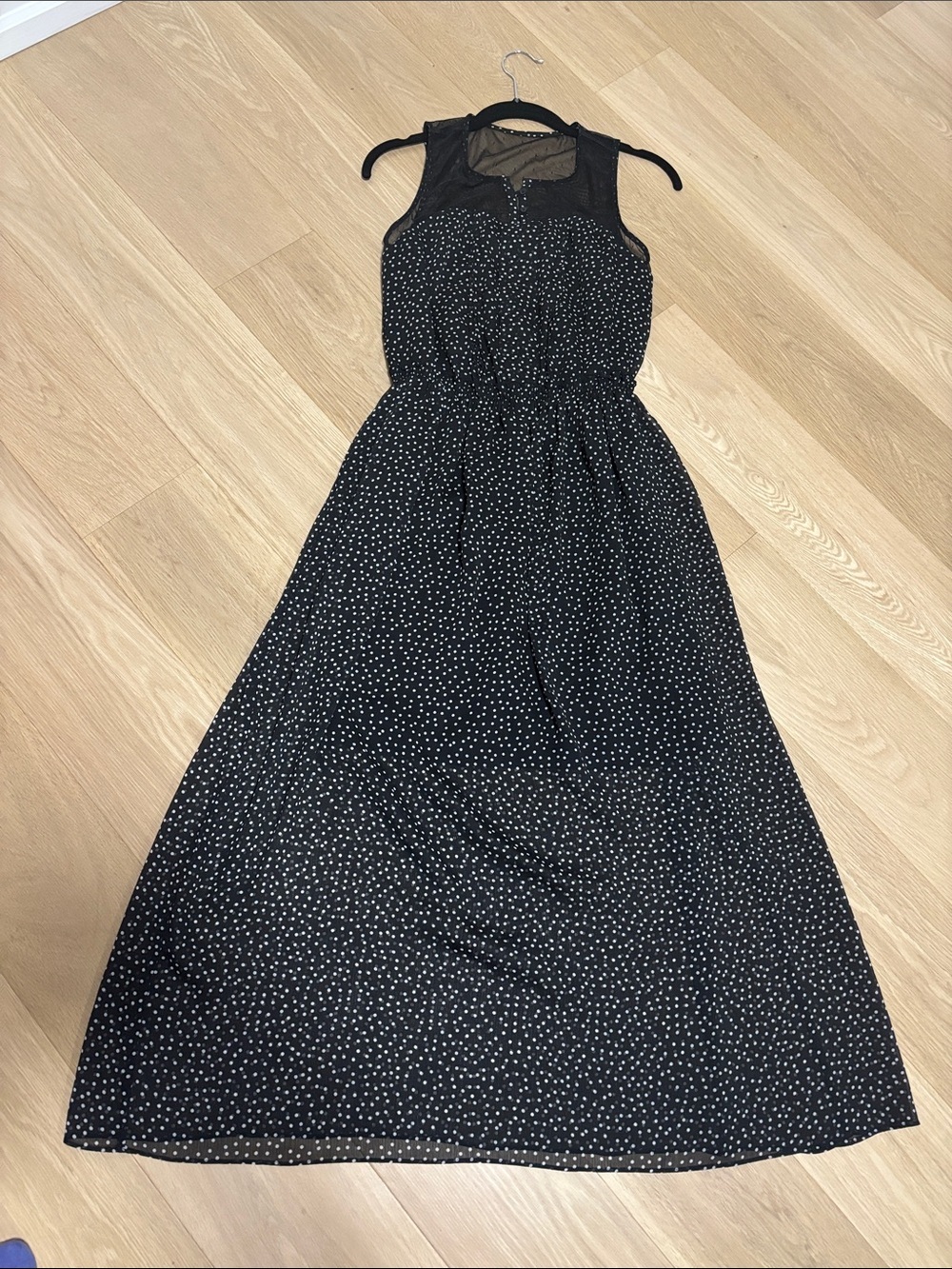JACOB (XS) Sleeveless Black Polka Dot Midi Dress Mesh Flowy Lined Elastic Waist - Picture 6 of 15
